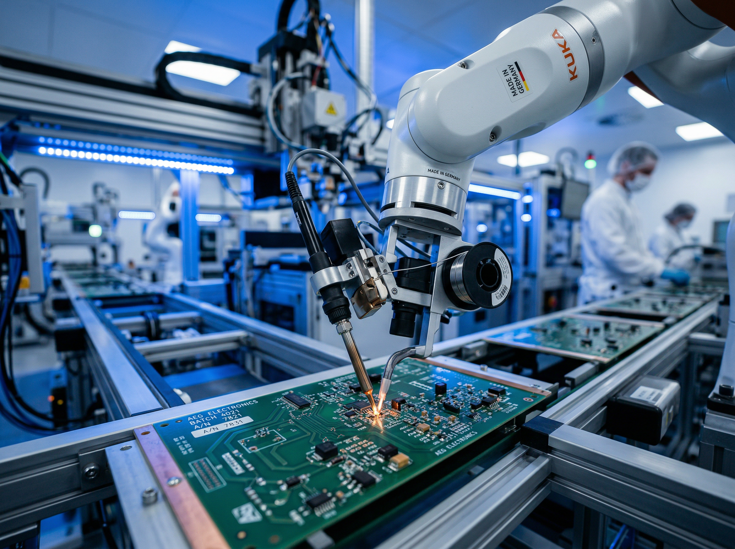 Zentriflux Produktion in München — Roboterarm bei der Platinenbestückung